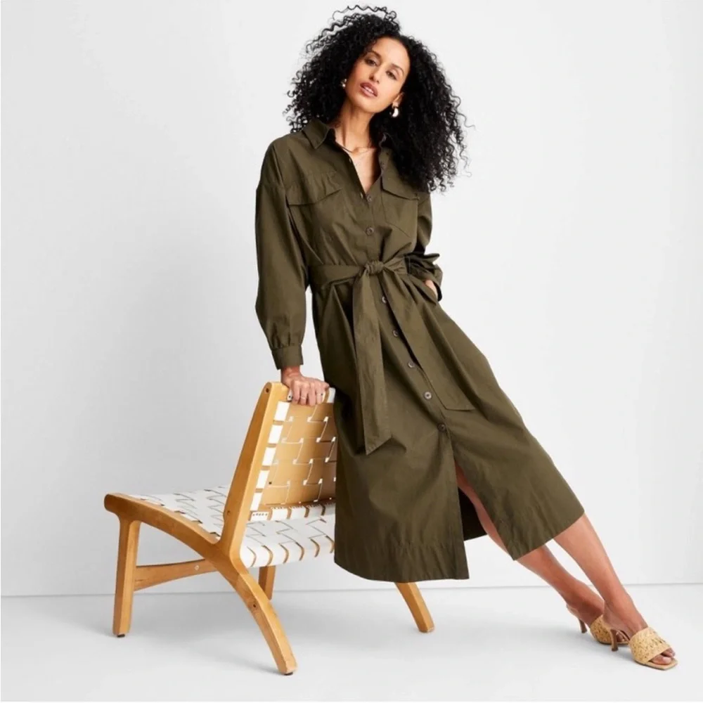 Olive Midi Shirt Dress - Picture 1 of 4